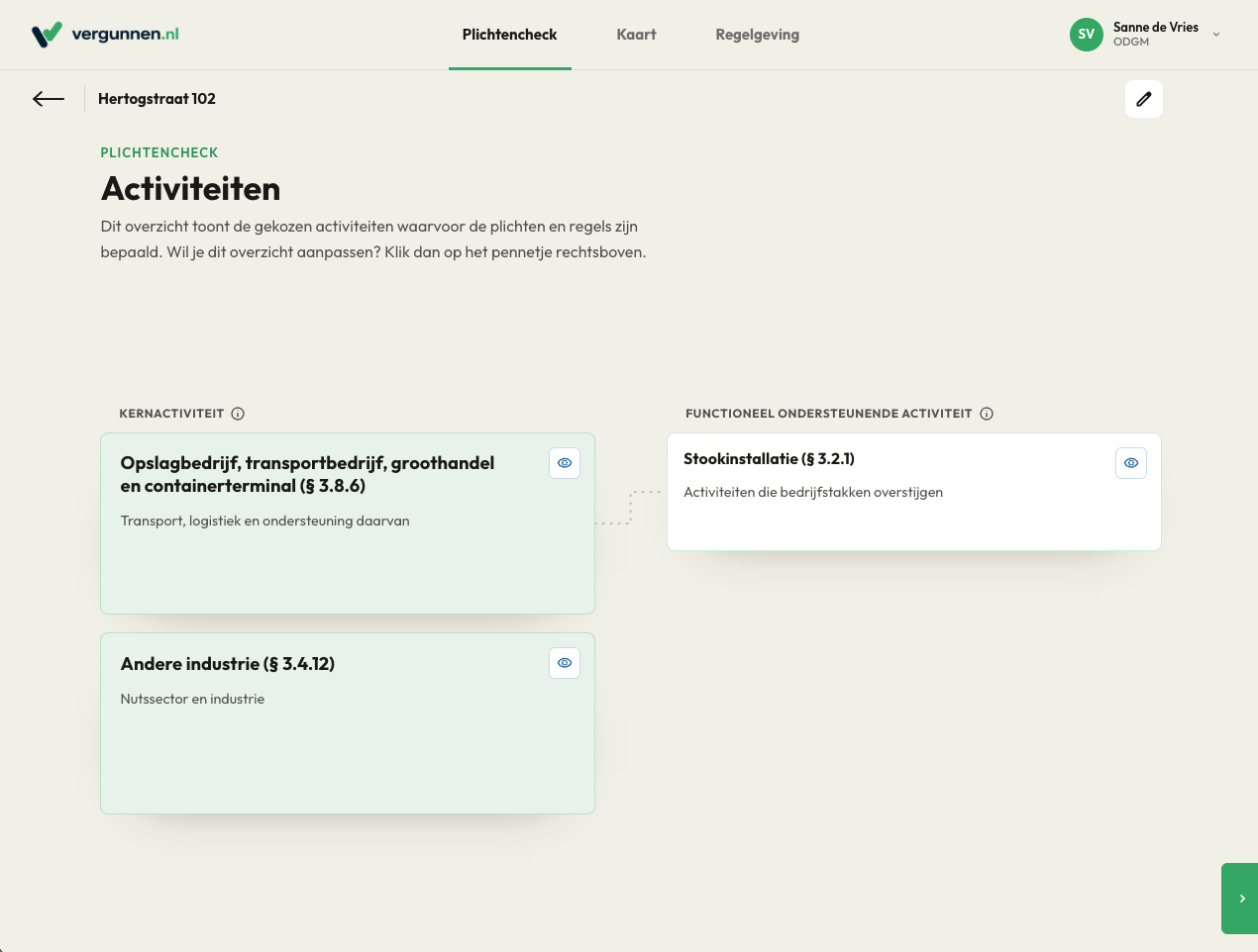 Schermafbeelding: relaties tussen kernactiviteiten en functioneel ondersteunende activiteiten