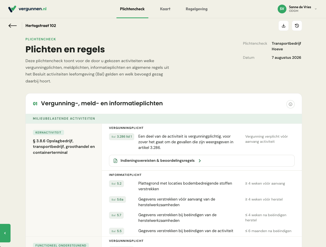 Schermafbeelding: overzicht van plichten en regels voor een locatie